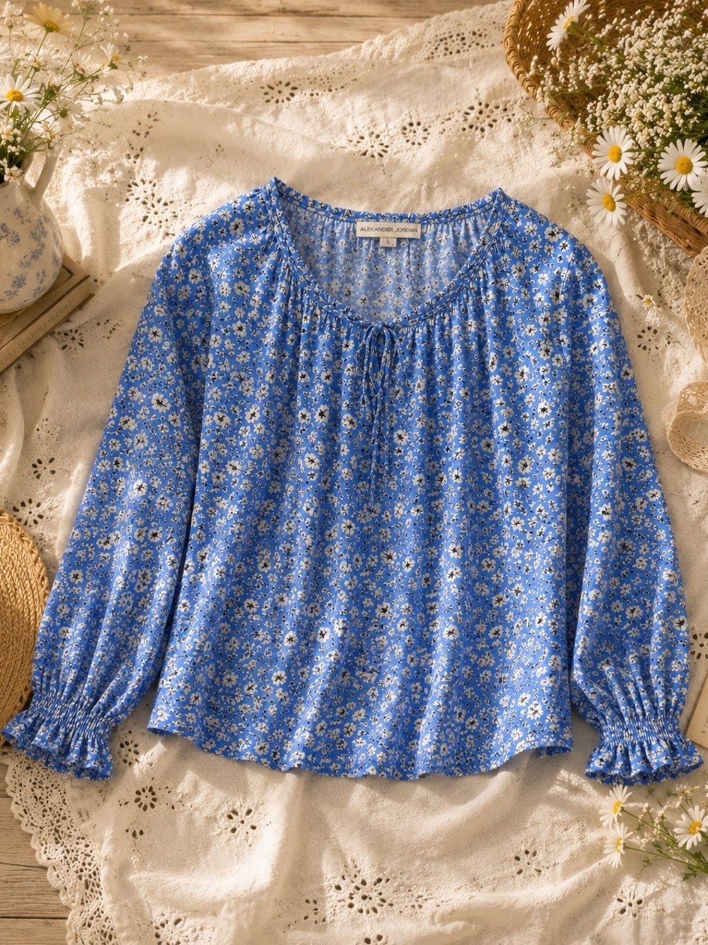Alexander Jordan Blue Floral Peasant Blouse Cottagecore Prairie Rayon L